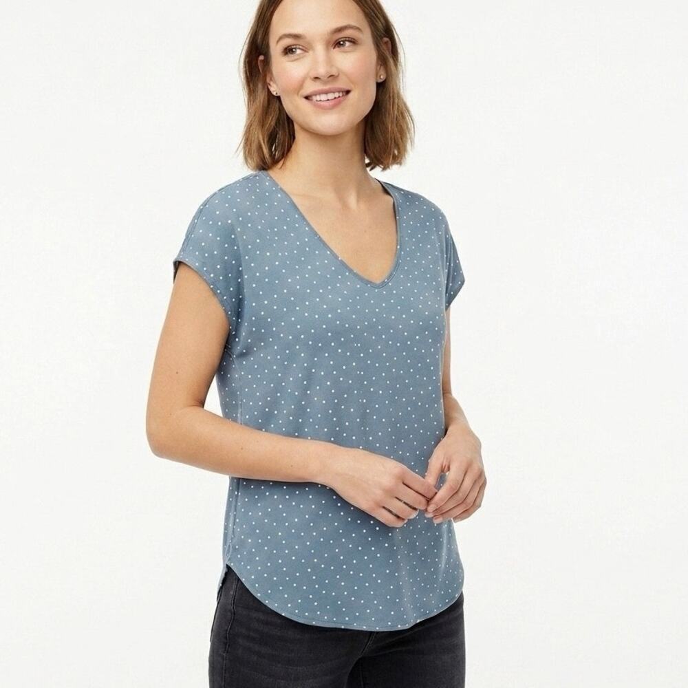 Loft Women's Top XS Blue Polka Dot Print Dolman Short Sleeve Tunic Mix Media